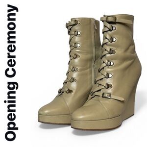 OPENING CEREMONY SAND LEATHER LACED PLATFORM WEDGE ANKLE BOOTS BOOTIES